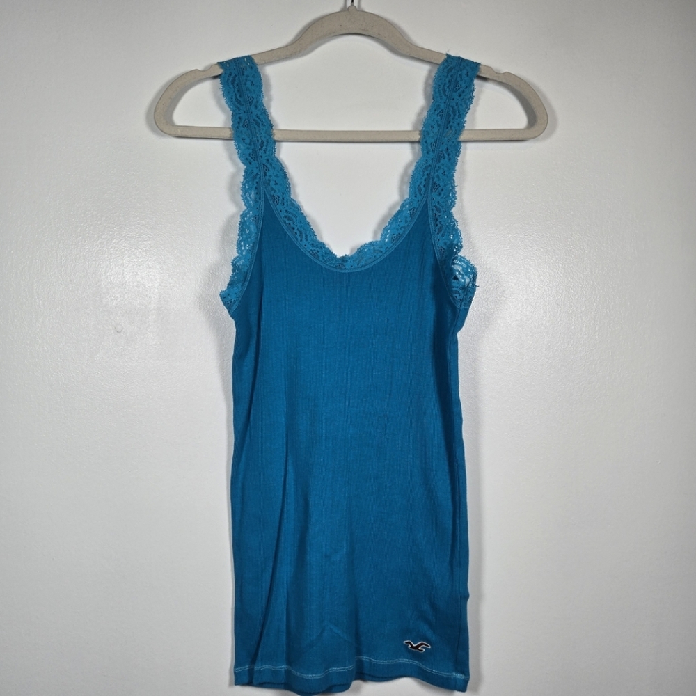 Vintage 90s Y2K Hollister Bright Blue Ribbed Lace Trim Cami Tank Top Large